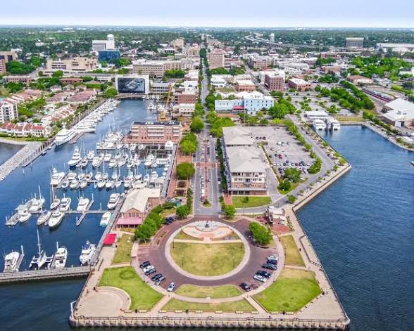 Aerial view of the Pensacola waterfront and downtown skyline